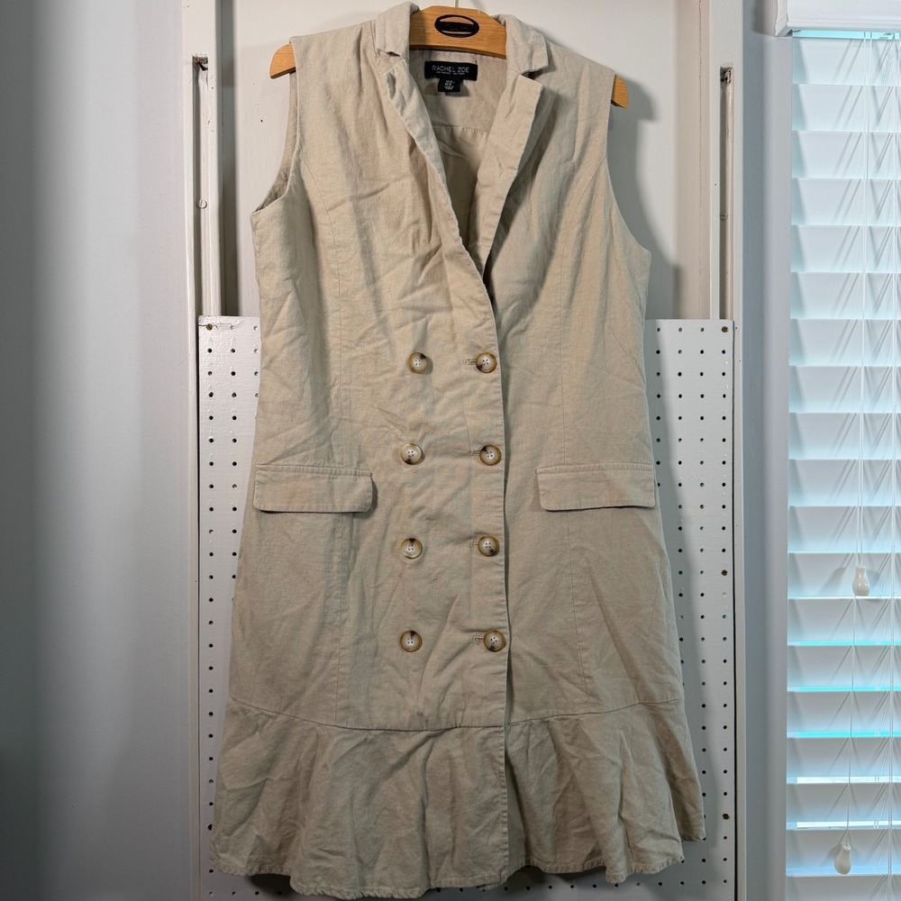 Rachel Zoe Sleeveless Blazer Dress Vest Beige Linen‎ Blend Classic Summer Medium